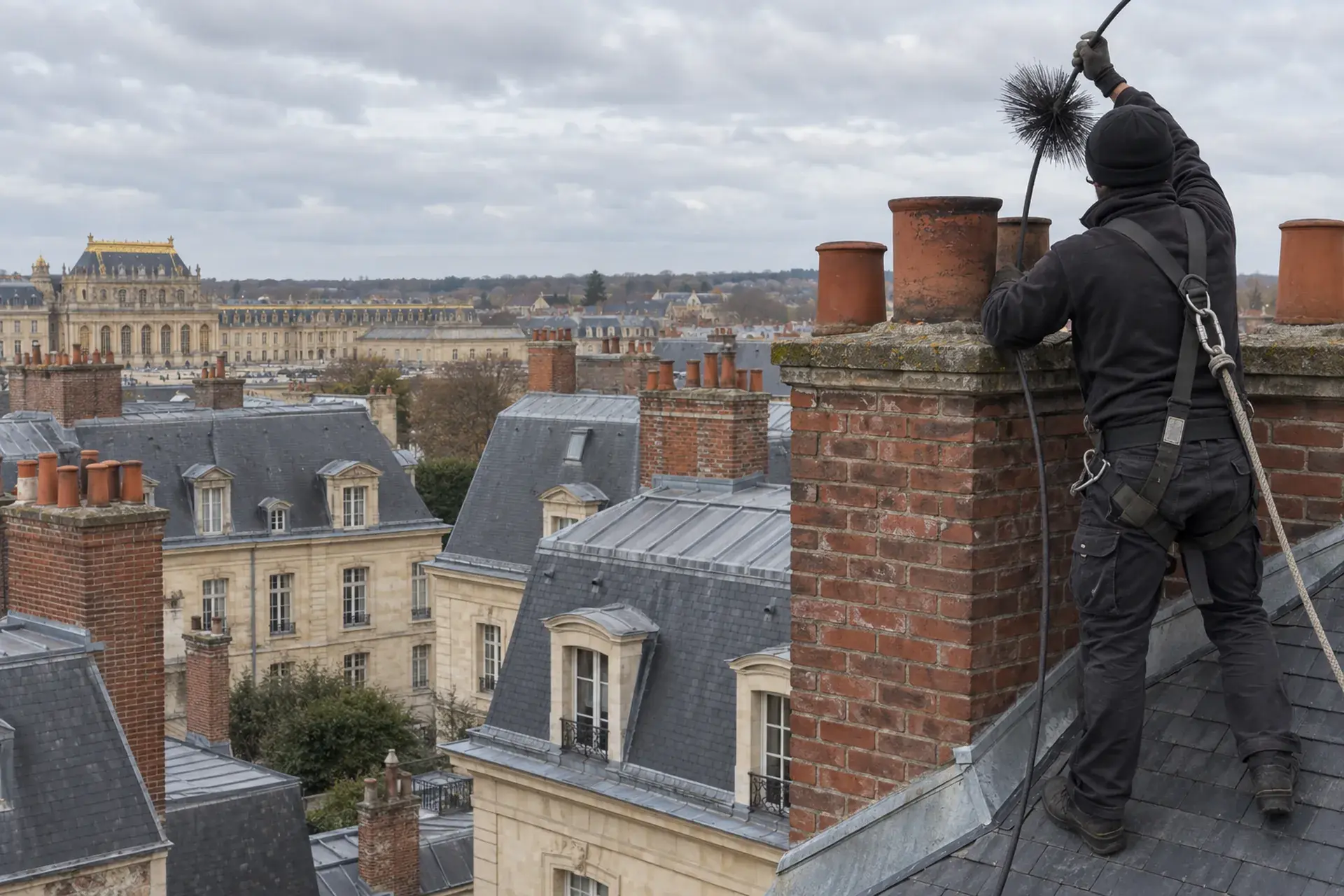 Ramoneur de dos sur un toit d’ardoise, la canne et le hérisson levés au-dessus d’une souche en brique